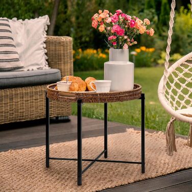 Плетений круглий журнальний столик 48 x В50 см, журнальний столик зі знімним підносом, журнальний столик з регульованими ніжками діаметр 48 см x висота 50 см