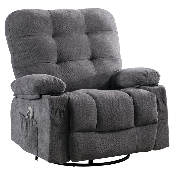 Крісло Bosmiller з функцією відкидання, масажне крісло, велике крісло для телевізора, поворотне на 360, підігрів, регульоване, тканинне крісло, сірий колір