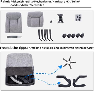 Ергономічне офісне крісло, комп&39ютерне крісло, стілець для роботи, обертове робоче крісло з відкидними підлокітниками, регульоване по висоті, зручне для офісу, дому, ігор (сіра тканина)