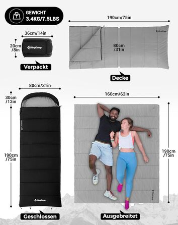 Пуховий спальний мішок KingCamp для дорослих, теплий легкий зимовий спальний мішок від 4C до -20C, 100 бавовняна тканина, 4-сезонний спальний мішок, підходить для кемпінгу та походів, 220x80 см, комфорт 1C / гранична температура -5C / екстремальна темпера