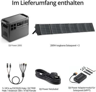 Портативна електростанція DJI Power 2000, сонячний генератор потужністю 2048 Втгод, 3000 Вт, 2 складні сонячні панелі по 200 Вт, роз&39єми MC4 - DC5525 чоловічий / DC7909 чоловічий / Anderson 30A / XT60 жіночий, 1 x MPPT. Power 2000 2 сонячні панелі по 20