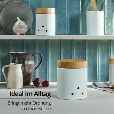 Контейнери для зберігання цибулі та часнику, керамічні, білі з дерев&39яною кришкою та бамбуком, круглі, у вінтажному сільському стилі, набір горщиків для цибулі та часнику, глянцеві, без етикетки