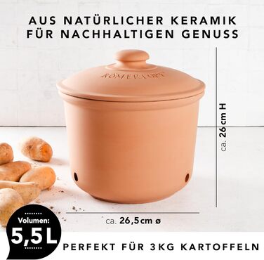 Картопляний горщик Rmertopf MAXI PLUS з натуральної глини, теракотовий, Ø 26 см, об&39ємом 5,5 л для зберігання приблизно 3 кг картоплі та овочів, вентильований з 3 вентиляційними отворами, глазурований дно, можна мити в посудомийній машині