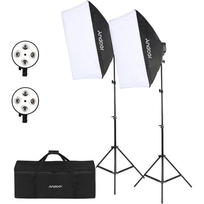 Набір софтбоксів Фотостудія, Набір освітлення Andoer Softbox, 2 x 50 x 70 см Softbox з 2 x 4 в 1 тримачем для лампи, 2 x 2M світловий штатив, сумка для перенесення для студійного портрета, предметна зйомка, модне фото, YouTube