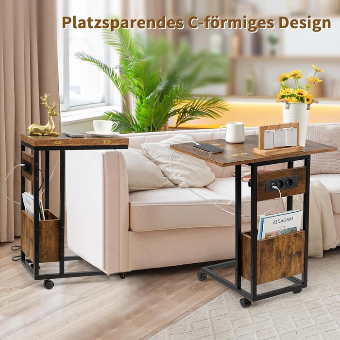 Приставний столик Hadulcet для дивана, С-подібний приставний столик, розкладна стільниця, столик для ноутбука з колесами, зарядна станція, вузький приставний столик для вітальні, спальні, висота 70 см, приставний столик темно-коричневого кольору
