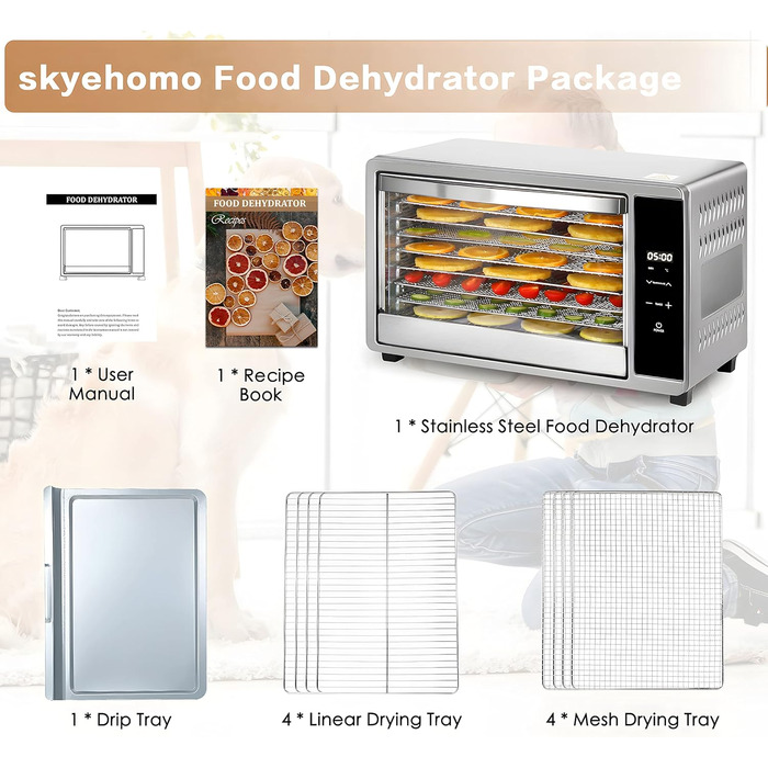 Дегідратор Skyehomo з нержавіючої сталі, дегідратор 650 Вт 0,8 м дегідратор з регулятором температури (35-80 C), таймер на 24 години, 8 рівнів сушильної машини з решіткою з нержавіючої сталі, дегідратор їжі для м'яса, фруктів, овочів, трав