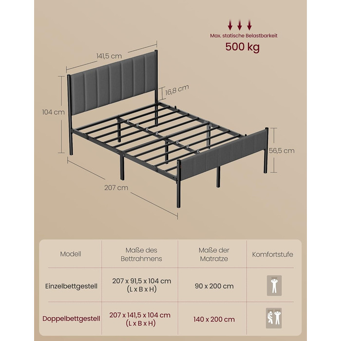 Каркас двоспального ліжка VASAGLE, каркас ліжка, 140 x 200 см, з м&39яким узголів&39ям, каркас ліжка, сталеві ламелі, витримує навантаження до 500 кг, легке складання, колір &quotсланцево-сірий&quot RMB974GN01 140 x 200 см, колір &quotсланцево-сірий&quot