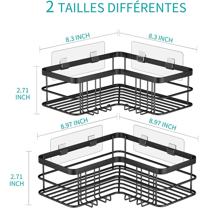 Душова полиця Yazoni без свердління 2 шт. - Душова полиця кутова з гачком, душова полиця з нержавіючої сталі для ванної кімнати та