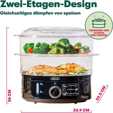Дворівнева пароварка BELLA зі штабельованими кошиками та знімною основою для швидкого одночасного приготування їжі автоматичне вимкнення та захист від википання, 7 л, чорна дворівнева пароварка чорна