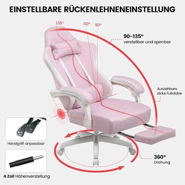 Тканина для ігрового крісла GTPLAYER, ігрове крісло з подушкою-пружиною Pocket Spring, ергономічне поворотне крісло, ігрове крісло з підставкою для ніг, вантажопідйомність 150 кг, рожево-білий