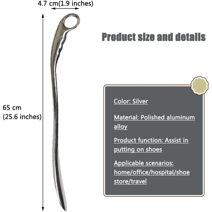 Ріжк для взуття для жінок, людей похилого віку Високоякісний ріжк з алюмінієвого сплаву з довгою ручкою, зручний у руці взуттєвий гаджет для домашнього використання, стабільний і гладкий підйомник взуття (Fa 65 * 4,7 см срібло