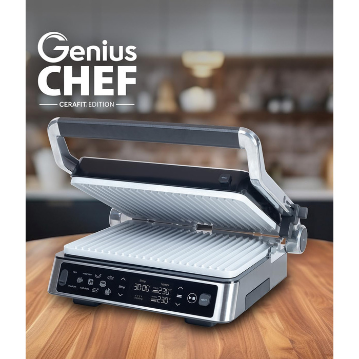 Електрогриль Genius Chef з корпусом із нержавіючої сталі для стейків та сендвічів, знімні панелі, набір 6 предметів, сірий
