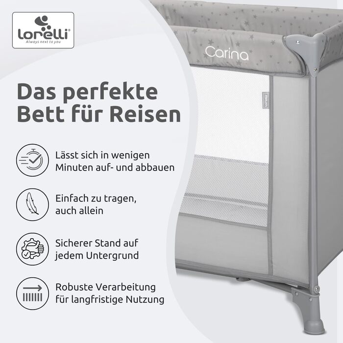 Дитяче ліжечко Lorelli Baby Travel Cot, 2 в 1, дитяче ліжечко та манеж Carina, дитяче ліжечко від народження до 15 кг, складне, включаючи сумку для транспортування, сірий
