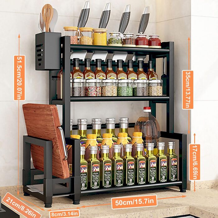 Стелаж для спецій Devesanter, 3 яруси, кухонна стійка для банок для спецій великої місткості, металевий органайзер для стільниці з тримачем для посуду, тримач для обробної дошки, з 6 гачками, чорний