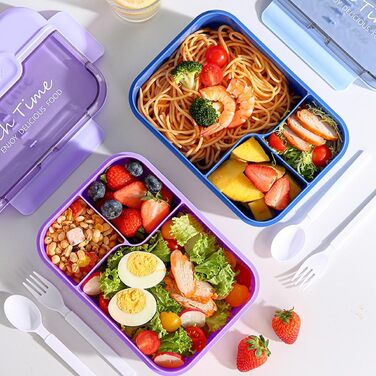 Ланчбокс для дорослих, 1450 мл, стильний контейнер для обіду з ложкою та виделкою, зручний для транспортування, обідній бокс з 3 відділеннями, без BPA, герметичний, ідеально підходить для їжі (ліловий)