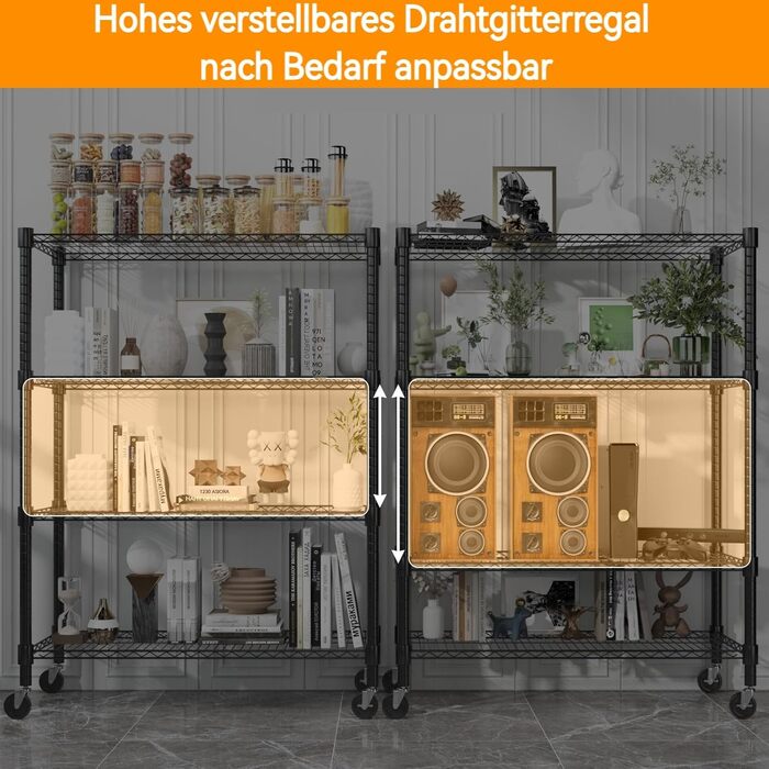 Рівнева дротяна полиця Himimi з колесами та ніжками, регульована по висоті, металева полиця для зберігання для кухні, ванної кімнати, спальні, вітальні, вантажопідйомність 500 кг, 90 * 45 * 183 см, чорна, 4-