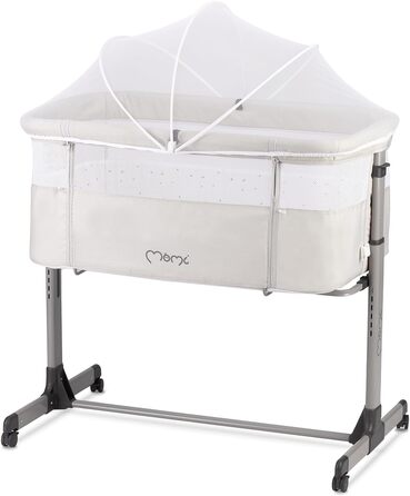 Багатофункціональне приліжкове та дитяче ліжко Momi REVO, 6-рівневе регулювання висоти від 72 до 82 см, з колесами, включаючи матрац, кріпильні ремені, сітку від комах та ручку з іграшками