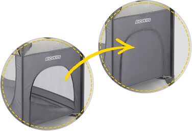 Дитяче ліжечко Ricokids, портативне, манеж, 125x65x78 см, вантажопідйомність 15 кг, складне, два колеса з гальмами, знімний бічний вхід, матрац, сумка, світло-сіре ліжечко, колір Hellgrau