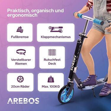 Міський самокат Arebos kick scooter зелений самокат регульований по висоті складний вкл. ремінь для перенесення колеса XXL педальн