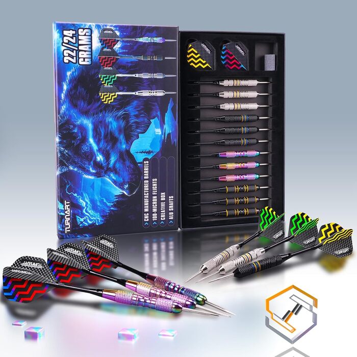 Дартс Turnart з металевим наконечником, 12 професійних сталевих дротиків з футляром, нова версія, фіолетовий колір