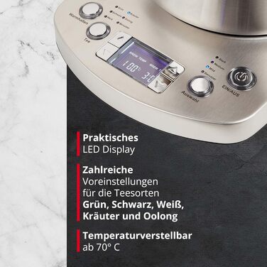 Електричний чайник з налаштуванням температури та автоматичним опусканням вставки ситечка, виготовлений зі скла з функцією збереження тепла, налаштуванням часу заварювання та світлодіодним світлом, адаптованим до сортів чаю, 170 TWE