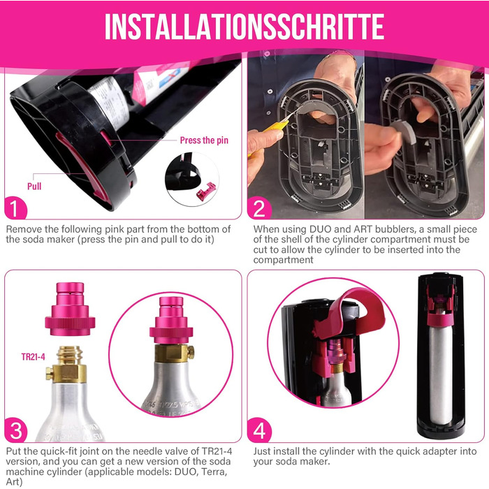 Швидкий адаптер для CO2 Soda, сумісний з Duo/Terra/Art, Sodastream Adapter 425 г Циліндр 60 л Трапецієподібна різьба TR21-4, рожевий, F-QC1.0-P, 2 Quick-Adapter