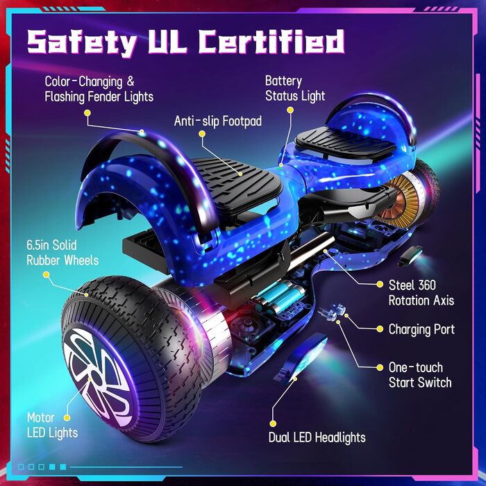 Електричний самокат Zoll 6,5 з Bluetooth, миготливими світлодіодними шинами та підсвічуванням двигунів, універсальний ховерборд для хлопчиків, дівчаток, дітей, підлітків