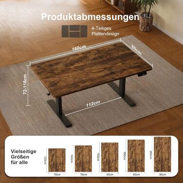 Стіл з регульованою висотою 160 x 80 см з кабельним лотком, Електрично регульований стіл для роботи стоячи з USB-портом, Комп&39ютерний стіл, Ергономічний стіл для роботи сидячи та стоячи, Офісний стіл, Вінтажний коричневий 160 x 80 см