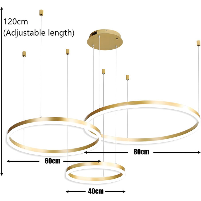 Металева світлодіодна люстра WayLuoung 3 кола 204060см Стельовий підвісний світильник 45 Вт, пульт дистанційного керування з регулюванням яскравості 3000-6000K, підвісний світильник з акриловим абажуром, вітальня Спальня Фойє Їдальня(Золотий, 3806040 см 9
