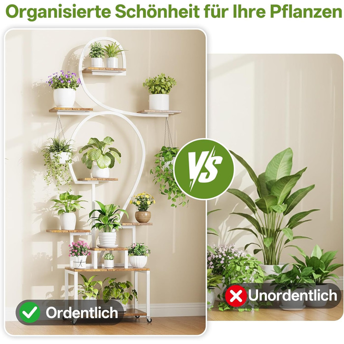 Підставка для рослин HAUSPROFI 190 см з лампою для вирощування - 9-ярусна металева та дерев&39яна підставка для квітів, полиця для рослин, квіткові драбини для приміщень та вулиці, декоративна полиця для саду, біла
