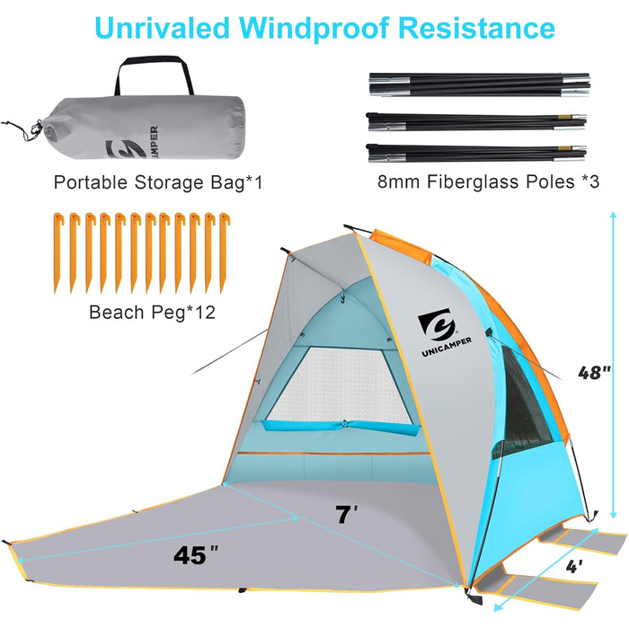 Пляжний намет UNC для 2-3 осіб захист від сонця UPF 50, водонепроникна підлога з поліетилену та 3 сітчасті вікна, переносний пляжний навіс, легке складання на вулиці (синій)