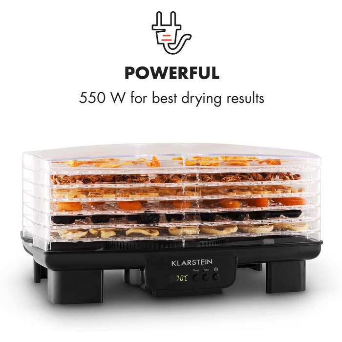 Дегідратор, дегідратор, сушарка для фруктів, м'яса та фруктів, 6 рівнів, штабельована, 550 Вт, регульована температура, робота з конвекцією, РК-дисплей, без бісфенолу А, чорний