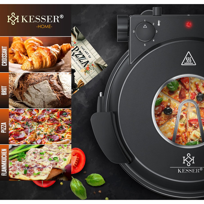 Піч для піци KESSER електрична до 400 градусів Електрична піца-машина 1200 Вт з вогнетривкою кам'яною плитою та діаметром таймера 32см 5 рівнів нагріву та оглядове вікно в т.ч. Різак для піци та книга рецептів Чорний