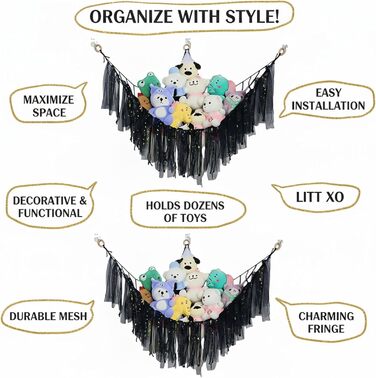 Гамак-іграшка з 2 м&39якими іграшками зі світлодіодними лампами, сітка для зберігання в дитячій кімнаті для організації плюшевих іграшок, декоративна підвісна сітка для декору спальні (чорний) Schwarz