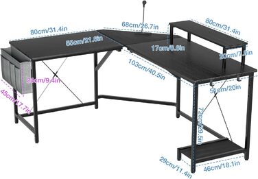 Геймерський стіл Supfine L-подібної форми з кронштейном для монітора, текстура з вуглецевого волокна, кутовий стіл з розетками та USB-портами, відділенням для зберігання речей (чорний)