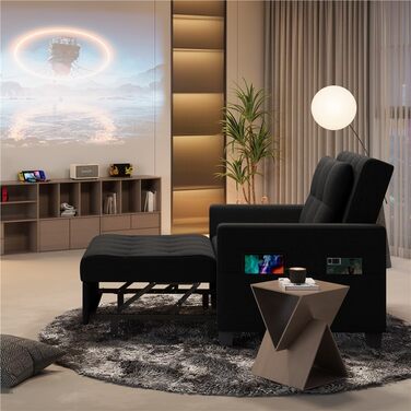 Крісло-ліжко Yaheetech з функцією ліжка 3-в-1, розкладний диван-ліжко, трансформоване крісло-ліжко, регульоване одномісне крісло з бічною кишенею, спальна зона 190 x 71,5 см, для невеликих приміщень, чорний колір