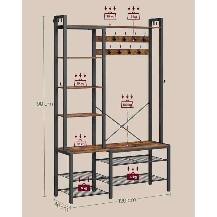 Вішалка для пальто VASAGLE з лавкою для взуття, шафа, 5 полиць з ДСП, 9 потрійних гачків, 6 бічних гачків, 40 x 120 x 190 см, вінтажний коричневий-чорний HSR426B01 Вінтажний коричневий чорнильний