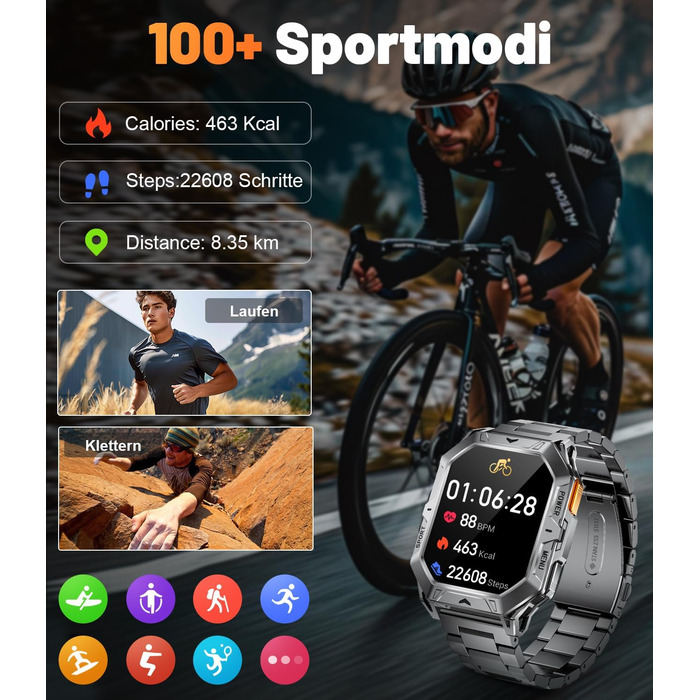 Чоловічий військовий смарт-годинник, 2.13-дюймовий AMOLED з 256 МБ, акумулятор 1000 мАг, барометр/альтиметр/компас, смарт-годинник з функцією телефону, понад 100 спортивних режимів, фітнес-трекер, водонепроникність 10 атм для Android та iOS TX1-EC