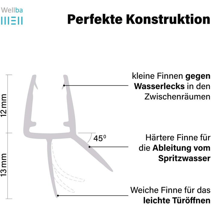 Ущільнювач душових дверей Wellba Premium для прямих скляних дверей товщиною 6 мм 7 мм 8 мм Водовідштовхувальний ущільнювач для душу або ущільнювач душової кабіни з оптимально розташованими гумовими губками (3 шт. 60 см)
