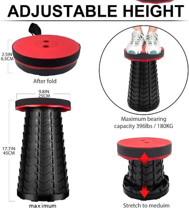 Портативний складаний табурет, легкий, але стійкий, вантажопідйомністю 180 кг, висувний пластиковий табурет, розбірний, для кемпінгу, риболовлі, походів, барбекю Round Red