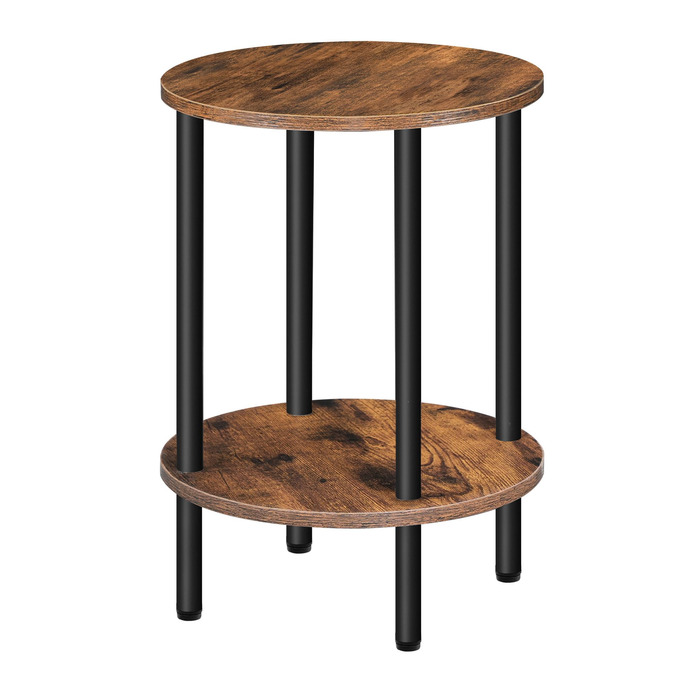 Круглий приставний столик, журнальний столик з 2 полицями, невелика тумбочка біля ліжка, журнальний столик в індустріальному стилі, для вітальні, спальні, вінтажний коричневий та чорний DTBZ01BF Вінтажний коричневий чорний 1