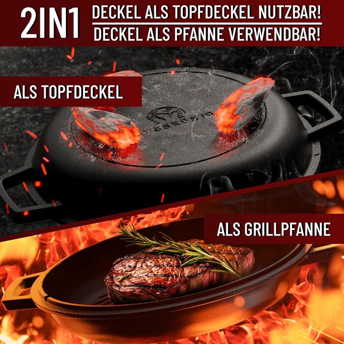 Голландська піч GUSSKNIG - чавунна каструля 2 в 1 4,8 л та чавунна сковорода 1,8 л - набір голландської печі з подвійною функцією