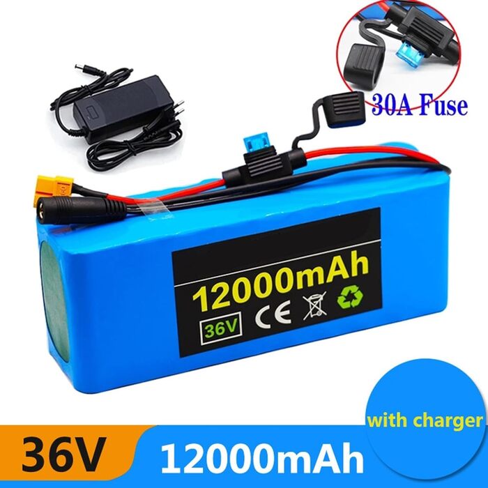 Універсальний акумулятор для електровелосипеда/педелека 36V 12Ah Літій-іонний акумулятор 10S3P з вбудованою системою управління будинком (BMS) для самобалансуючих електровелосипедів та самокатів, включаючи зарядний пристрій з Т-подібним штекером 36V 12Ah