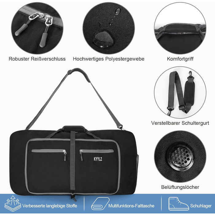 Складана дорожня сумка об&39ємом 85 л для жінок та чоловіків, ручна поклажа, велика дорожня сумка з відділенням для взуття та кількома кишенями, спортивна сумка для подорожей, спорту та відпусток (чорна)