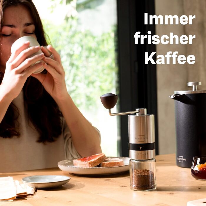 Кавомолка SILBERTHAL Ручна конічна кавомолка - Регульований ступінь помелу - Ручна кавомолка з нержавіючої сталі та скла - Змінне