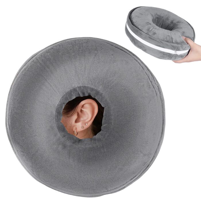 Подушка для проколювання вух Winmany зі знімним плюшевим чохлом для сну на боці, кругла подушка-пончик для захисту вух, знеболення, можна прати (темно-сіра, стандартна) Темно-сіра стандартна
