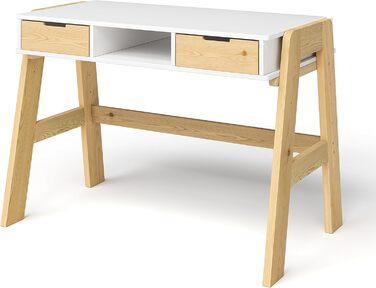 Дитячий письмовий стіл Bellabino Campo регульований по висоті з дерева в білому/натуральному кольорі з 2 шухлядами, 1 полицею і 3