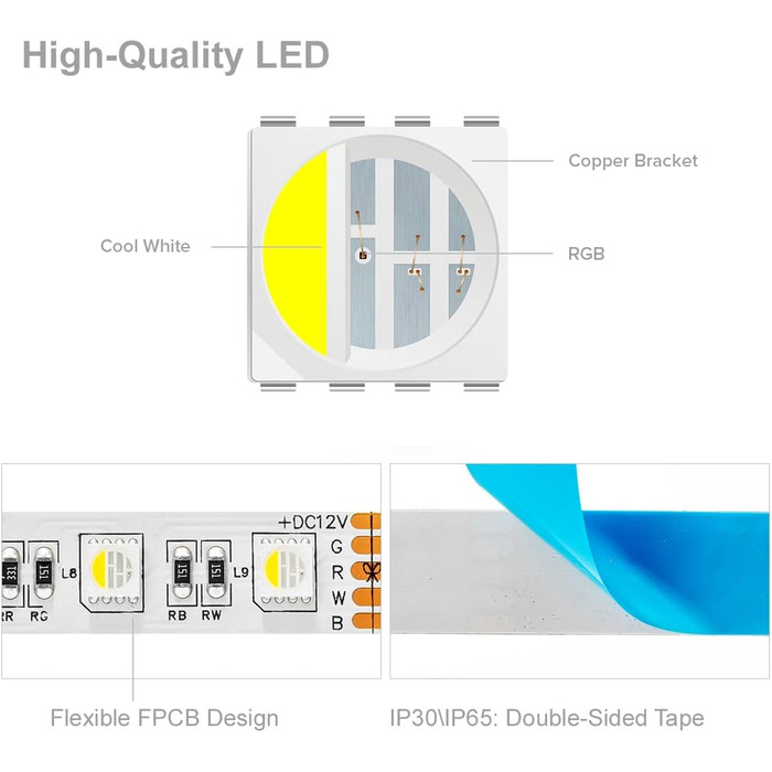 Теплий білий (2700K-3000K) 4 кольори в 1 Світлодіод 5м 60 світлодіодів/м Багатобарвна світлодіодна стрічка IP65 Силіконове покриття Водонепроникна біла друкована плата DC12V для прикраси інтер'єру (Rgbхолодний білий 4 кольори в 1, IP 30), 5050 RGBW RGB