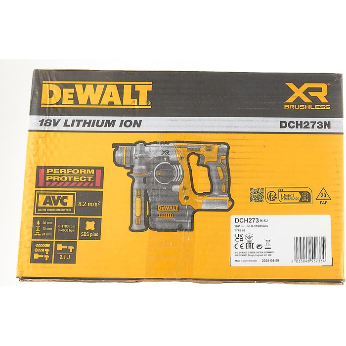 Акумуляторний комбінований перфоратор Dewalt 18В SDS-plus 24 мм DCH273N (безщітковий двигун, енергія удару 2,1 джоуля, низька вібрація, електричне зчеплення, регулювання швидкості обертання та удару, поставляється без акумулятора та зарядного пристрою) од