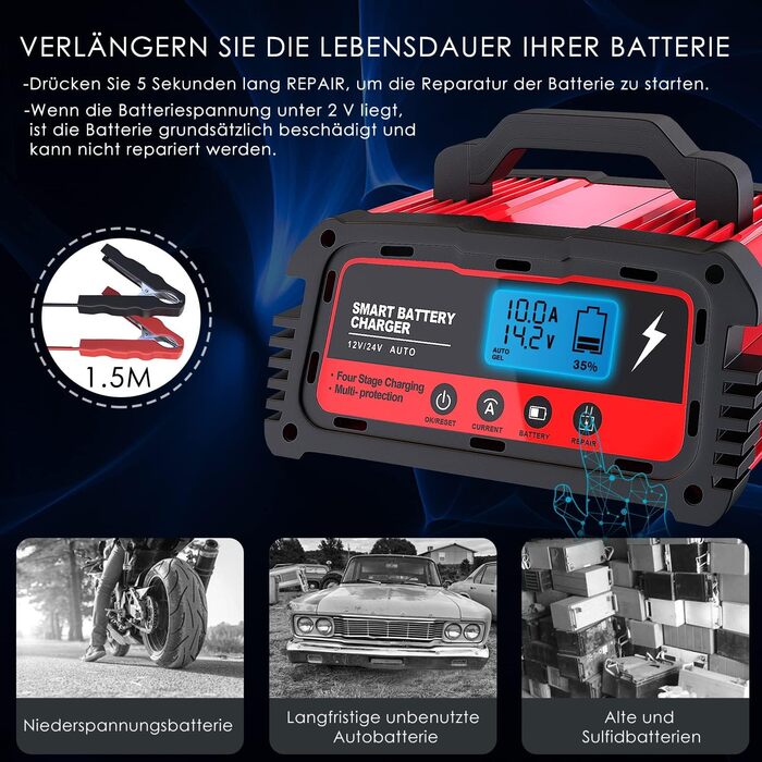 Автомобільний зарядний пристрій 12/24В 5/10/25А Зарядний пристрій Автомобільний повністю автоматичний 6-ступінчастий зарядний прис